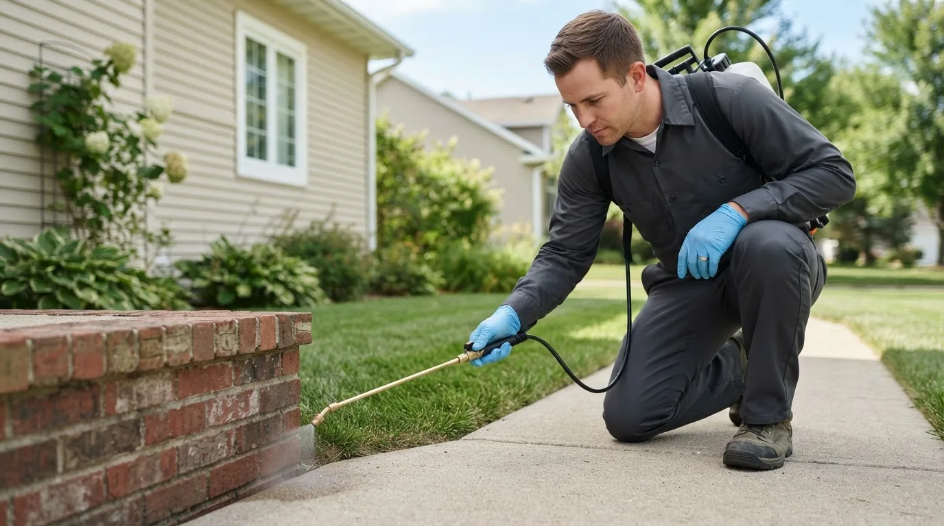 Pest control technician treating a home near Holcombe, WI