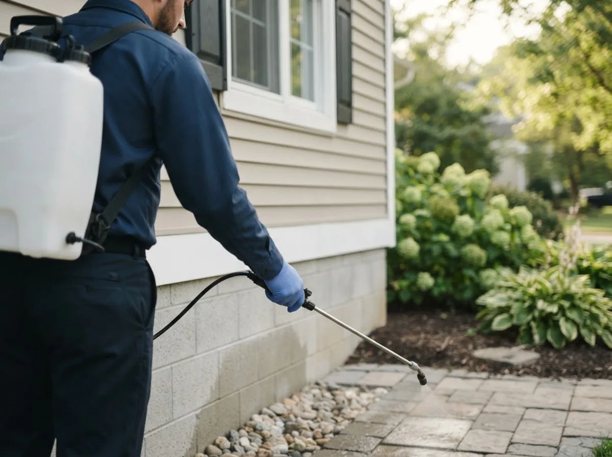 Pest control technician inspecting a home in Holcombe, WI